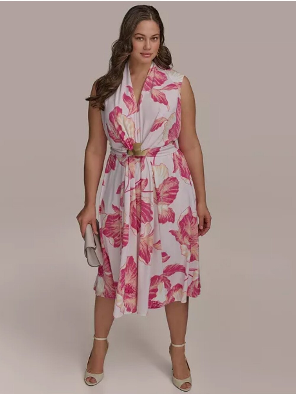 Donna Karan New York Plus Sized Floral- Print Belted Midi Dress